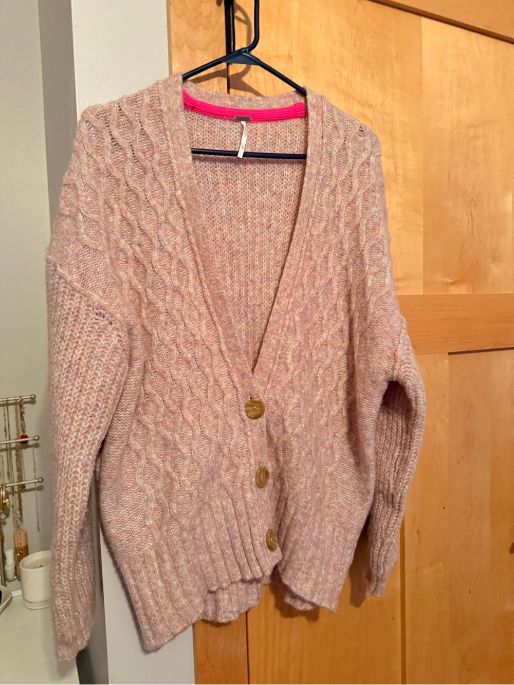 Free People Blush Pink Cable Knit Button Cardigan-oversized